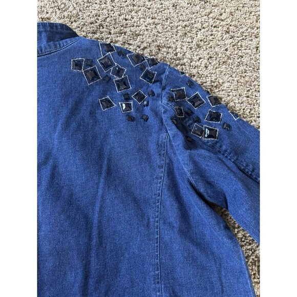 BOB MACKIE Blue Denim Full Zip Jacket Top Beaded Rhinestone Artsy Pockets LARGE - Picture 9 of 11